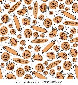 Baking seamless pattern. Sketch various pastries for digital paper, textile fabric, wrapping. Desserts Cook, Bake shop pastry frame. Sweet baked food cupcake, bun, loaf, cookies, croissant and roll