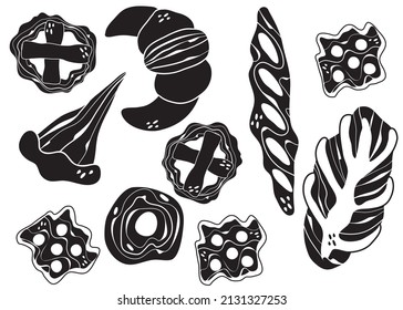 A baking set. Bread, donuts, pies, croissants, cookies with berries. Black and white icons for the menu. Print. Delicious food. Flour and wheat. Thanksgiving day.