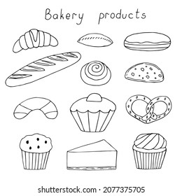 Baking set of buns and cakes vector illustration, hand drawing doodle