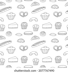 Baking set of buns and cakes vector illustration, hand drawing doodle