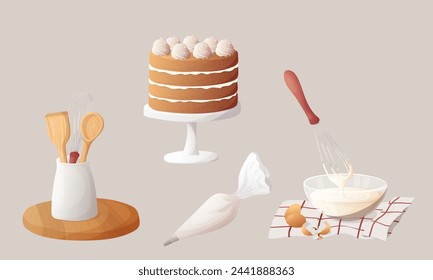 Baking set.  Cake, Mixer or whisk whipped cream, decorate cakes with cream from pastry bag. Bakery process vector illustration. Kitchenware, cooking utensil isolated on white svg