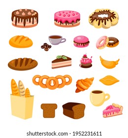 Baking set. Cakes, bread, muffins, croissants, pies, donuts. Bakery products.