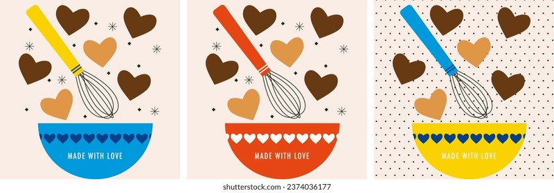 Baking set. Cooking dessert, holiday cookies, gingerbread with wire whisk. Kitchen utensils. Production of confectionery and pastries. Flat vector illustration. Confectionery. Made with love concept.