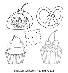 Baking set: cupcake, cookies, cupcake, cake. Doodle style vector illustration. Confectionery flour products. graphics