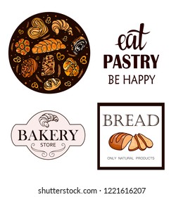 Baking set. Decor for a shop or cafe with pastries, bread, baking. Bakery store, bread house, handwritten illustration with lettering. Signboard, vector