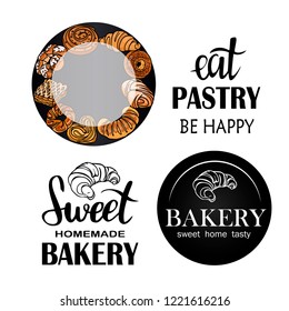Baking set. Decor for a shop or cafe with pastries, bread, baking. Bakery store, bread house, handwritten illustration with lettering. Signboard, vector