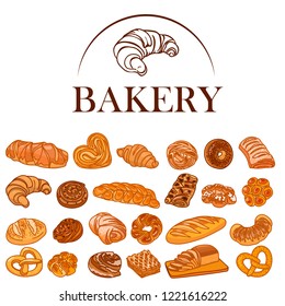 Baking set. Decor for a shop or cafe with pastries, bread, baking. Bakery store, bread house, handwritten illustration with lettering. Signboard, vector