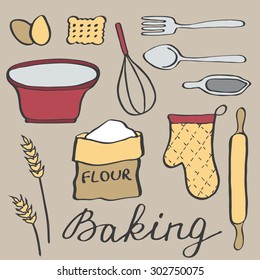 Baking set. Hand-drawn cartoon utensils and ingridients. Doodle drawing. Vector illustration. 