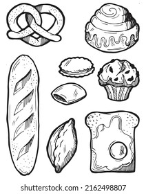 Juego de bolas. Pan y pan, bollos dulces. Bollería de pan dulce blanco. Platos listos. La comida es deliciosa. Esbozo de dibujo manual. Aislado sobre fondo blanco. Dibujo monocromo. Vector.