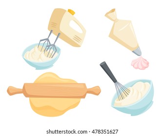 Baking set. Mixer or whisk whipped cream, roll out dough with rolling pin, decorate cakes with cream from pastry bag. Bakery process vector illustration. Kitchenware, cooking utensil isolated on white svg
