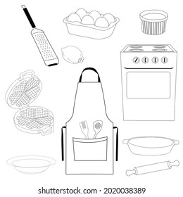Baking set vector stock illustration. Waffle iron and oven. A set of eggs, a grater for citrus fruits. Isolated on a white background.
