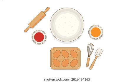 Baking setup with a wooden rolling pin, large bowl of flour, tray of fresh eggs, orange liquid, whisk, and spatula on a neutral workspace.