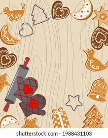 With baking sheets, gingerbread cookies, pot holders and a rolling pin. Gingerbread cookie. Vector illustration. For creating prints, cards, invitations, banners, price tags, covers and other designs.