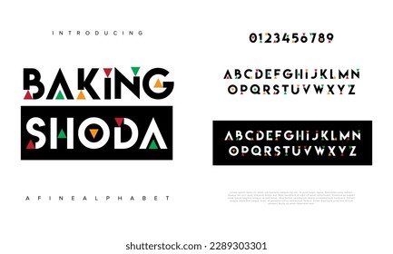 Backen Shoda abstrakte digitale Technologie Logo Schriftart Alphabet. Minimal moderne urbane Schriften für Logo, Marke etc. Typografie Schrift Groß- und Kleinschreibung und Zahl. Vektorgrafik