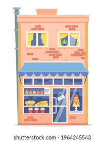 Haciendo una tienda. Edificio aislado de fondo blanco. Ilustración vectorial plana.
