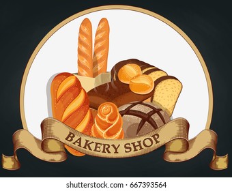 Baking shop emblem. Bread logo for bakery shop. Branding, label, bakery emblem design on dark background. Vector illustration