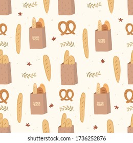 Baking shop, french baguettes in craft paper packaging, bread and pretzels. The inscription on the package is “baked today”. Hand-drawn background with pastries. Vector illustration, seamless pattern.
