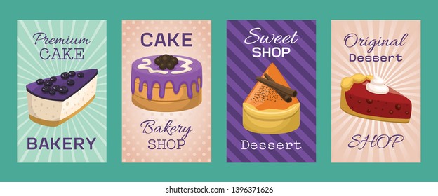 Baking shop menu cards vector illustration. Chocolate and fruity desserts for sweet cake shop with cupcakes, bakery cakes, berry pudding, biscuits, whipped cream, beries glaze