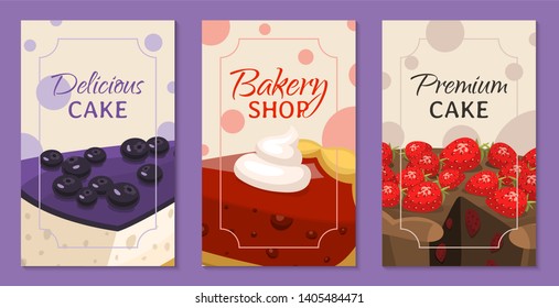 Baking shop menu cards vector illustration. Chocolate and fruity desserts for sweet cake shop with cakes, berry pudding, biscuits, whipped cream, beries glaze