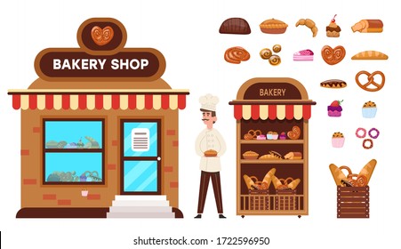 Baking shop online. Confectioner sells buns cakes bread bagel cookies cake pretzels stall with showcase finished fresh products rack basket bakery products. Cartoon vector graphics.