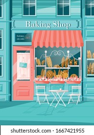 Baking Shop with Showcases Full of Fresh Pastry and Baked Products and Comfort Outdoor Seats on City Street. Bread, Cakes or Sweets Store. Building Facade Exterior. Vector Flat Illustration