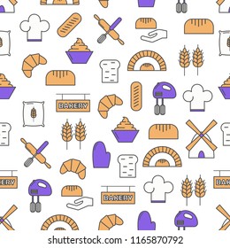 Baking simple mono linear vector icon seamless pattern. Endless background with signs of bread loaf, croissant, mill and other bakery design elements for trendy fabric and packing print