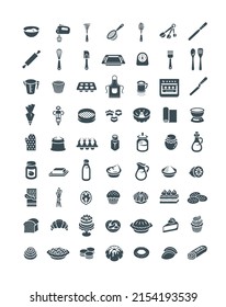 Baking simple monochrome silhouette icons set. Pictograms of home kitchen utensils for cooking sweet food. Ingredients for homemade bakery. Different pastry items.