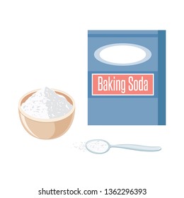 Baking Soda box. Spoon with white powder. Pile of sodium bicarbonate in bowl.