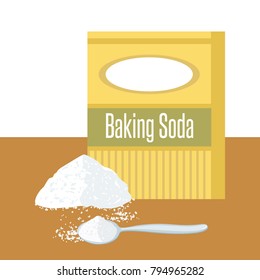 Baking Soda Box. Spoon With White Powder. Pile Of Sodium Bicarbonate.