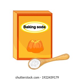 Baking soda in a craft paper bag and spoon isolated on white background. Spoon with white powder. Pile of sodium bicarbonate in bowl. Food and drink ingredients for cooking. Stock vector illustration