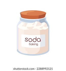 Baking soda in glass jar, closed with wooden lid. Sodium bicarbonate, cooking powder. Alkaline, antacid bicarb in transparent container. Flat vector illustration isolated on white background