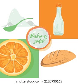 Baking soda illustration Natural cooking With lemon and bread, set of pictures