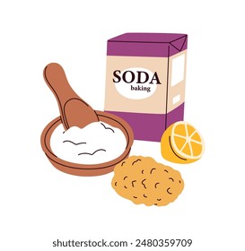 Baking soda, lemon, sponge for eco-friendly household. Natural cleaning products, organic homemade cleaner. Ecological chemical-free detergent. Flat vector illustration isolated on white background