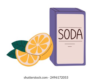 Baking soda, lemon, sponge for eco-friendly household. Natural cleaning products, organic homemade cleaner. Ecological chemical-free detergent. Flat vector illustration isolated on white background