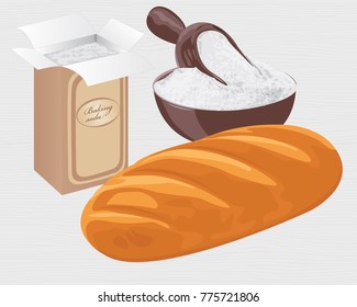 Baking Soda In A Paper Bag, Bowl And A Loaf Of Wheat Bread Vector Illustration