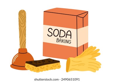 Baking soda, rubber gloves, plunger, sponge for eco-friendly household. Natural cleaning products, organic homemade cleaner. Ecological chemical-free detergent. Flat vector illustration isolated 