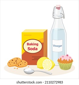 Baking soda and vinegar with cookies, cup cake, lemon and spoon isolated on white background vector. 