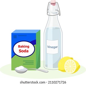 Baking Soda, White Vinegar Bottle, Spoon And Lemons Isolated On White Background Vector Illustration.