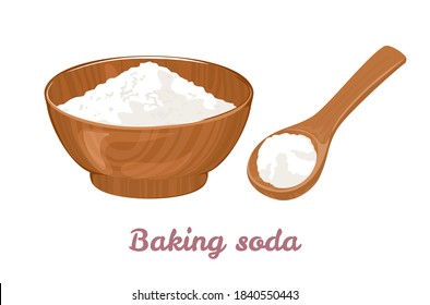 Baking soda in wooden bowl and spoon isolated on white background. Vector illustration of white powder in cartoon flat style.