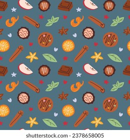 Baking spices hand drawn seamless pattern, colored ornament of vanilla and cinnamon icons, vector illustrations of chocolates on dark blue background, Christmas gift wrapping paper, festive background