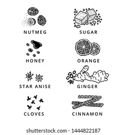 Baking spices, mulled wine ingredients vector icons with sugar, cinnamon, nutmeg, potpourri oranges, cloves, ginger, honey, star anise. Black on white background. Branding design element.