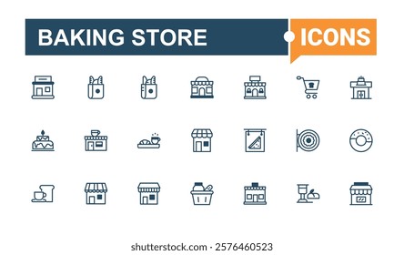 Baking Store linear icon collection. It contains symbols to bakery, flour, cook, pie, break, baker and more. Outline icon. Outline and solid pictogram.