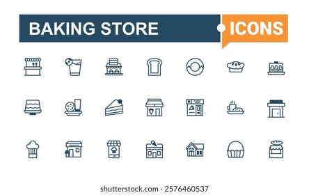 Baking Store linear icon collection. It contains symbols to bakery, flour, cook, pie, break, baker and more. Outline icon. Outline and solid pictogram.