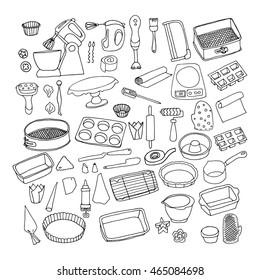 Baking Stuff, Confectionery Equipment. Hand Drawn Vector Illustration Isolated On A White