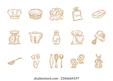 Baking supplies clipart line doodle. Kitchen utensil. Home bakery cooking hand drawn icons set. Cartoon vector sketch illustration