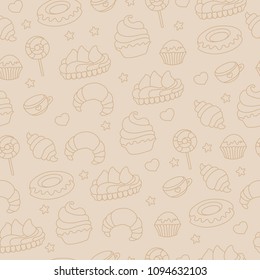 Baking and sweets, contour drawing on beige background, cute seamless pattern, vector illustration.