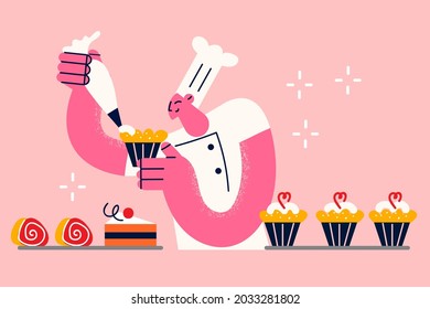 Baking Sweets And Cupcakes Concept. Young Human Baker In White Uniform And Hat Standing Baking Cupcakes And Cakes Adding Cream To Sweets Vector Illustration 