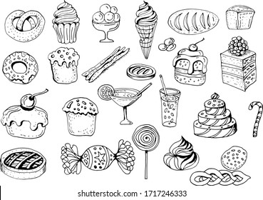 Baking sweets doodle sketch hand drawn vector illustration line graphics dough cupcakes bread baguette pastries meringue marshmallows shop kitchen cooking menu