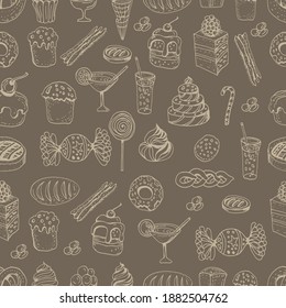 
Baking, sweets, ice cream. Menu, breakfast. Seamless patern. Graphic hand-drawn illustration. Vector. Print, textiles. Vintage, retro.