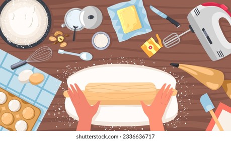 Baking table top view. Measuring spoon, wooden chopping board, rolling pin, bread knife, bowl and cup. Flat design food for baking cartoon vector illustration of cooking table, top view illustration